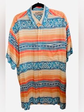 Kenny Flowers Shirt Men Medium Button Up Short Sleeve Rayon Beach Hawaiian Aztec